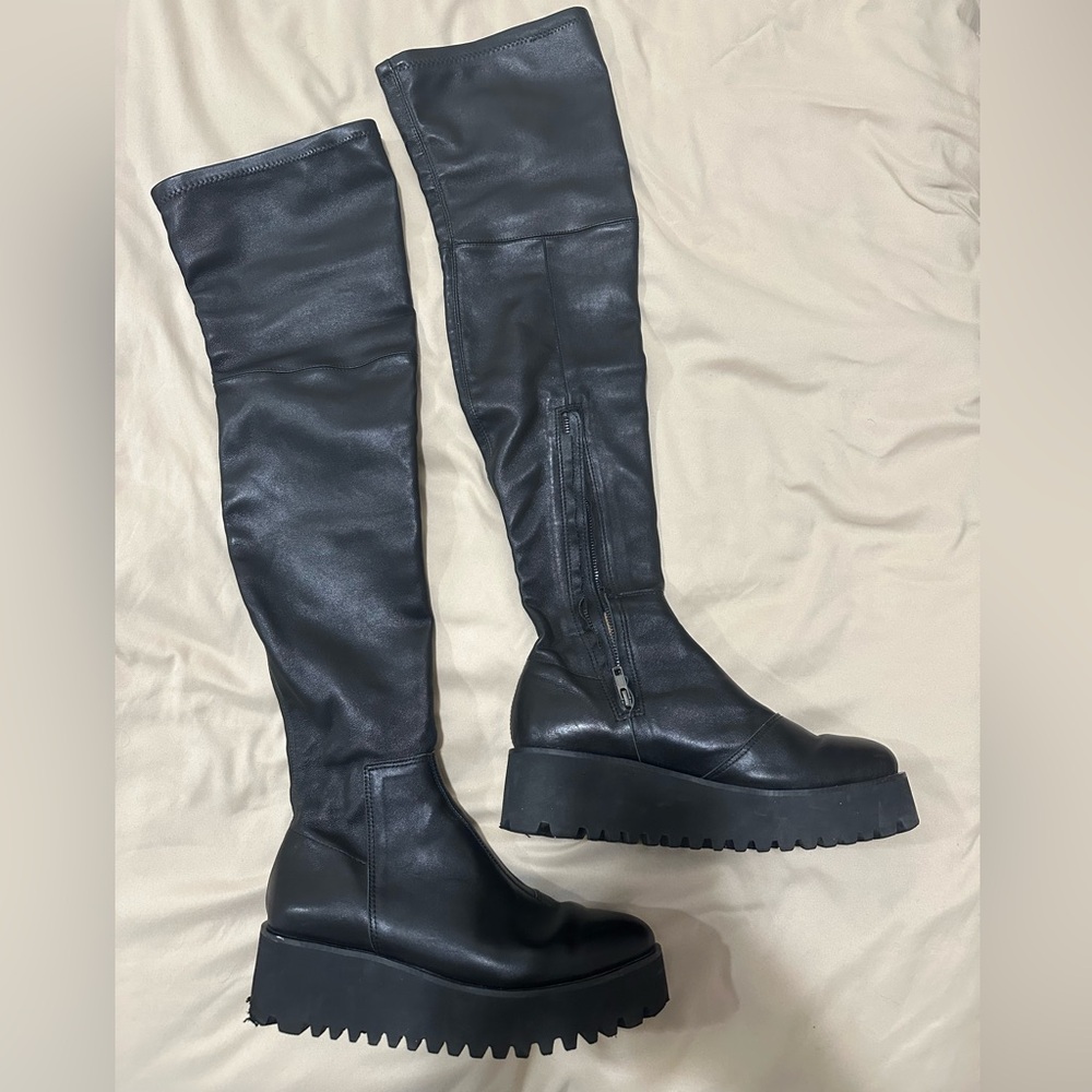 ALL BLACK brand over the knee leather wedge boots size 41 FREE PEOPLE